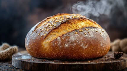 Steaming artisan sourdough bread on wood, rustic kitchen