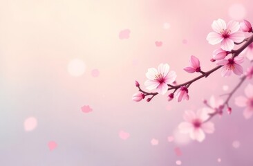 Background image with a drawing on the right side. Gentle pink cherry blossoms on a branch, with a blurred background and falling petals, evoking springtime and tranquility.