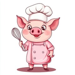 Happy Pink Pig Chef Cartoon Illustration Holding Whisk