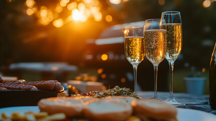 Grilled burgers and hot dogs served with champagne at sunset, creating a perfect outdoor feast