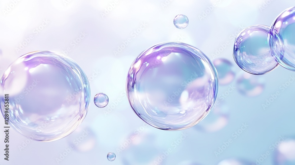 Poster iridescent bubbles float on soft light blue background