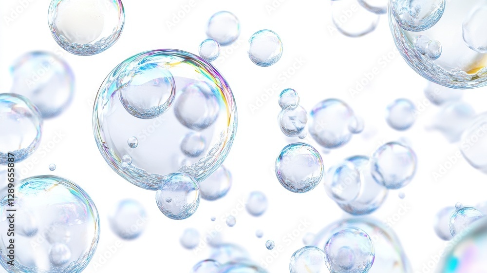 Poster iridescent soap bubbles floating on white background