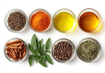 Colorful Arrangement of Spices and Herbs in Glass Jars Featuring Cinnamon, Turmeric, Olive Oil, and Varied Seasonings on Bright Background