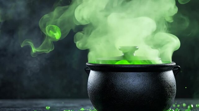 Witch's cauldron steaming potion, dark background, Halloween