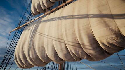 Detailed view of the sail on a classic sailing ship, featuring its texture, rigging, and against a backdrop of a blue sky with clouds. 