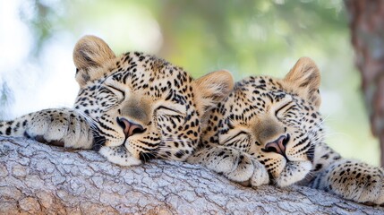 Obraz premium Two Leopard Cubs Sleeping on a Branch in the Safari