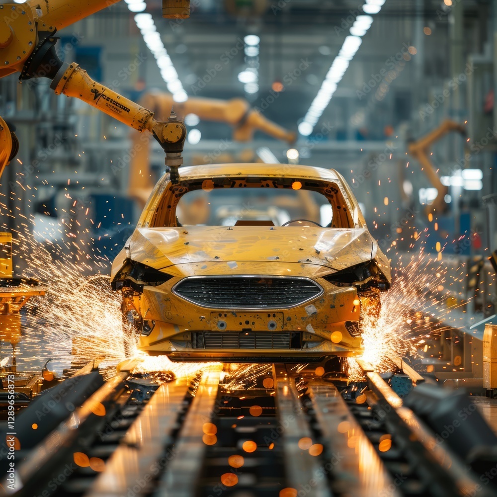 Poster robots equipped with welding tools work efficiently on car bodies along the production line. the bri