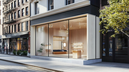 Modern minimalist pop-up shop set on a bustling city street, featuring sleek design elements