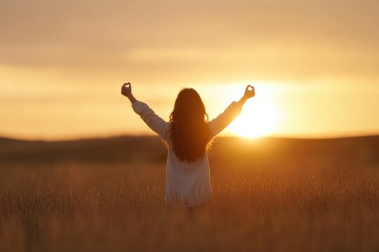 Girl in wheat field at sunset making heart gesture with hands