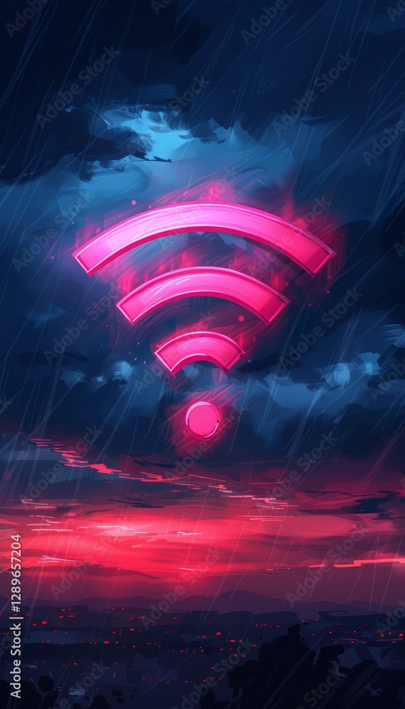 Poster a vibrant wi-fi symbol illuminates a dark sky with hints of pink and red. this design emphasizes sea