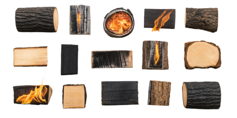 Variety of wooden logs with flames showcasing different textures and colors in a natural setting during daylight