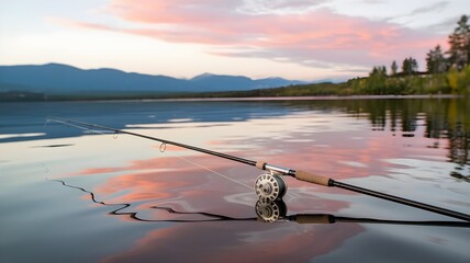 Fishing rod on calm lake water reflecting a colorful sunset. A serene outdoor scene, showcasing a blend of nature and fishing equipment.