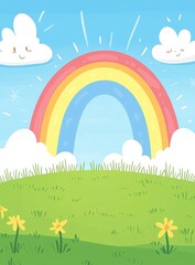 Pixel Art Rainbow Landscape Cheerful Clouds, Daffodils, and a Vibrant Sky