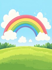 Pixel Art Rainbow over Green Field and Blue Sky