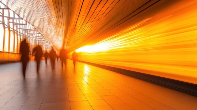 Fototapeta People walking in a futuristic orange tunnel.