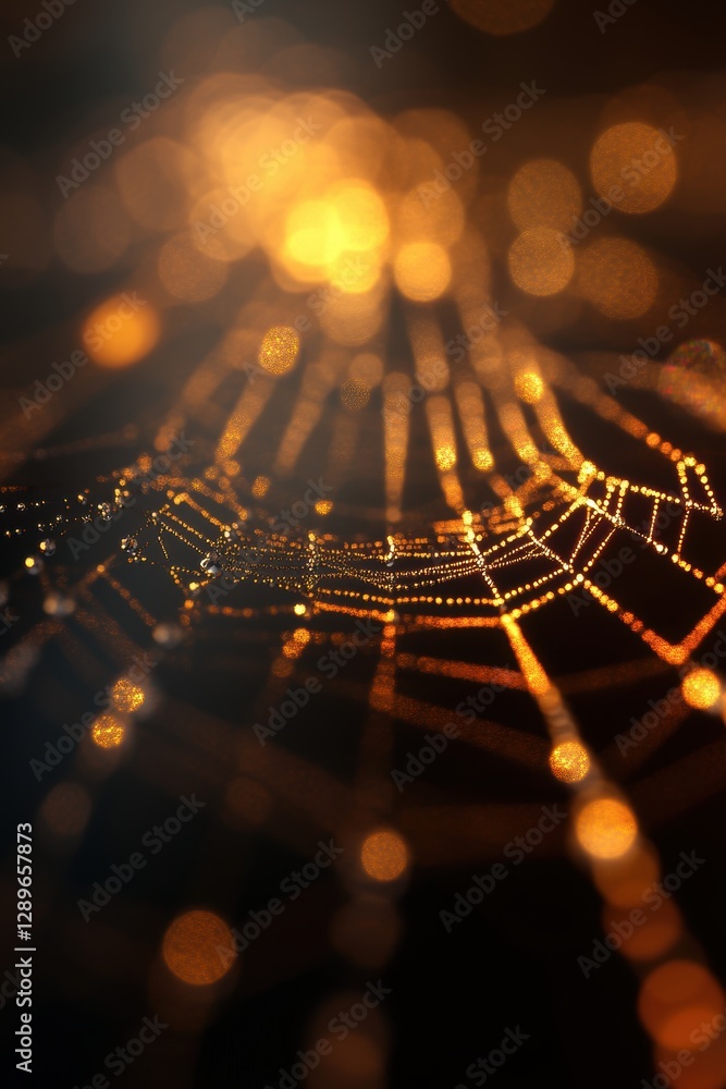 Wall mural beautiful spider web in wild field with dew in morning in spring.