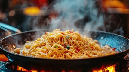 Steaming noodles cooking food market fiery stove