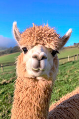 Curious alpaca gazes at the camera under a bright blue sky in a rural setting