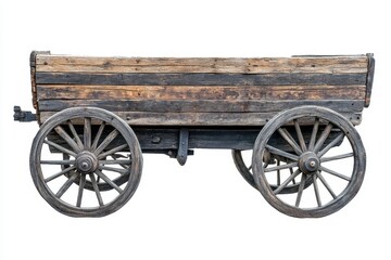 Obraz premium Rustic Weathered Wooden Wagon with Spoked Wheels on White Background