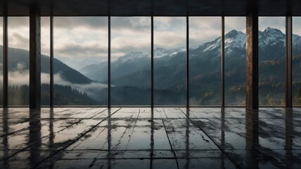 Living room with panoramic window and nature view