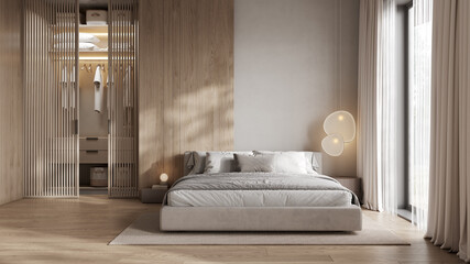Stylish bedroom interior with closet and wooden panel, 3D Rendering