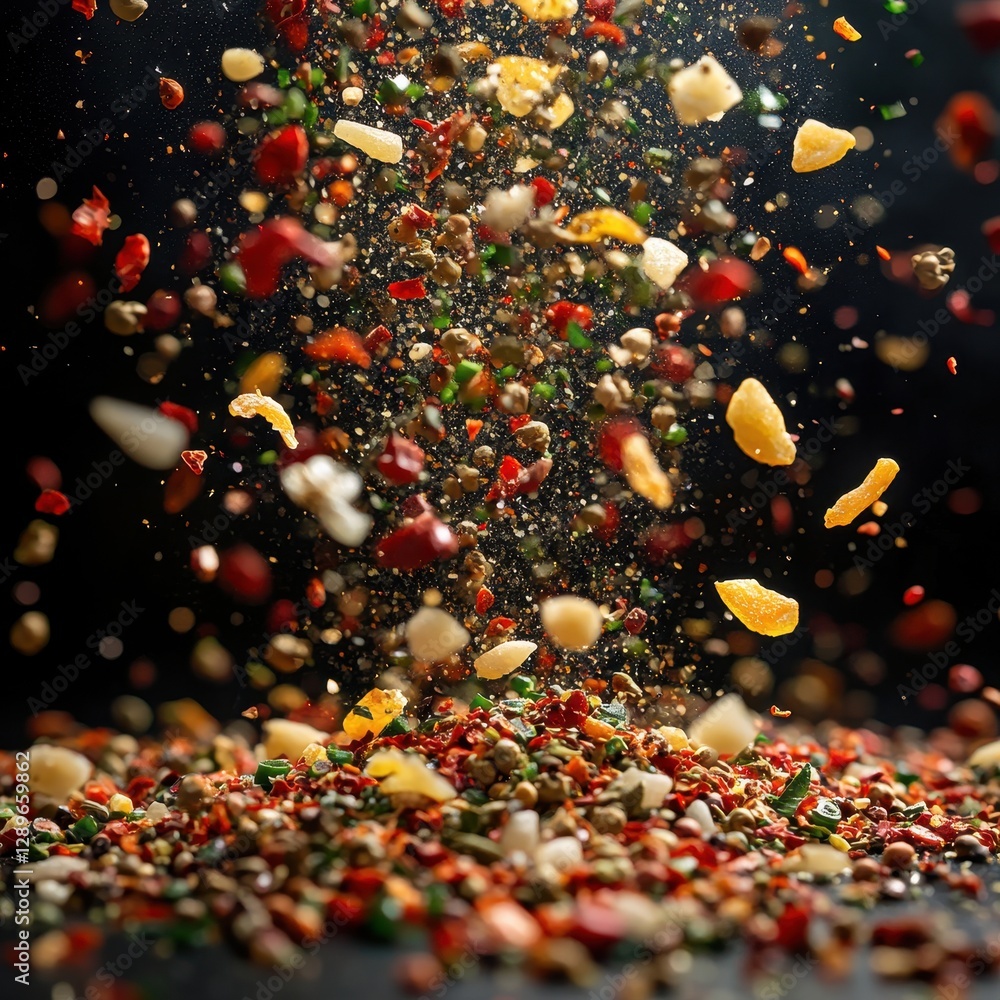 Poster colorful explosion of assorted spices and herbs creating dynamic taste sensation over dark backgroun