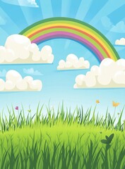 Obraz premium Vibrant Rainbow over Lush Green Field and Blue Sky with Fluffy Clouds