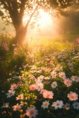 Obraz premium Beautiful colorful wild flowers in deep foggy forest with sun light in Spring.