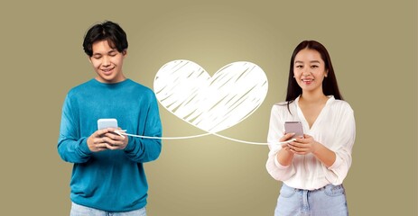 A loving couple joyfully engages with their smartphones on St. Valentine's Day, sending affectionate messages to each other. They create a heartfelt connection online, celebrating love together.