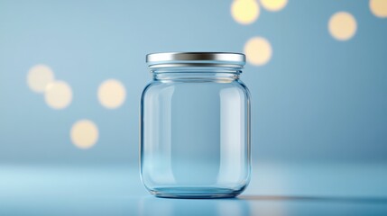 empty glass jar with silver lid against blurred background