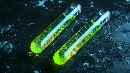 Two test tubes filled with vibrant green liquid on a dark background, representing scientific innovation