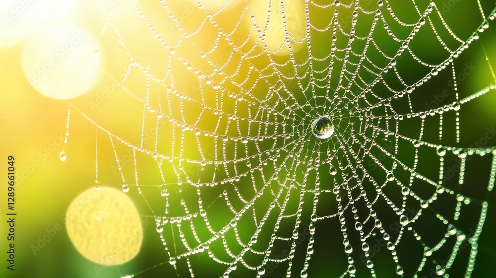 Wall mural beautiful spider web in wild field with dew in morning in spring.