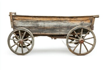 Fototapeta premium Weathered Antique Wooden Wagon with Spoked Wheels on White Background