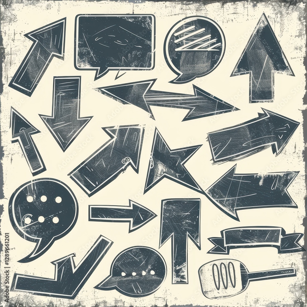 Poster discover a unique set of handdrawn abstract arrows and speech bubbles, perfect for enhancing your gr
