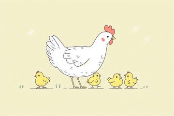 Obraz premium White Hen and Three Yellow Chicks Pixel Art Illustration