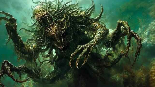 Underwater creature lurking in deep ocean, surrounded by marine flora during twilight hours