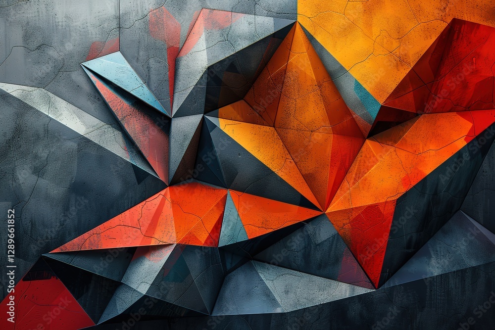 Poster bold geometric shapes with sharp lines and complex 3d patterns, blending a variety of cool tones