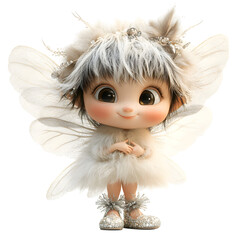 Fluffy 3D Cartoon Fairy with Translucent Puffy Wings Isolated on Transparent Background