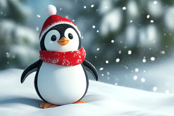 A cute cartoon penguin wearing a red hat and scarf stands in the snow, evoking winter cheer.