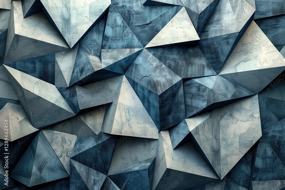 Poster bold geometric shapes with sharp lines and complex 3d patterns, blending a variety of cool tones