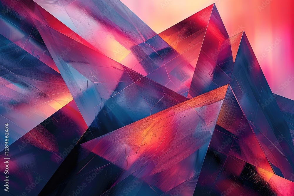 Poster bold geometric shapes with sharp lines and complex 3d patterns, blending a variety of cool tones
