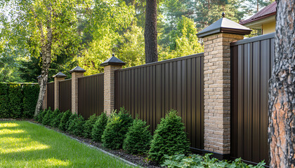 Fototapeta premium Modern wooden and brick fence with shutters blinds