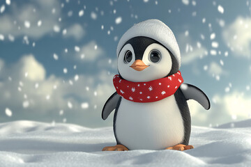 A cute cartoon penguin wearing a winter hat and scarf stands in a snowy landscape.