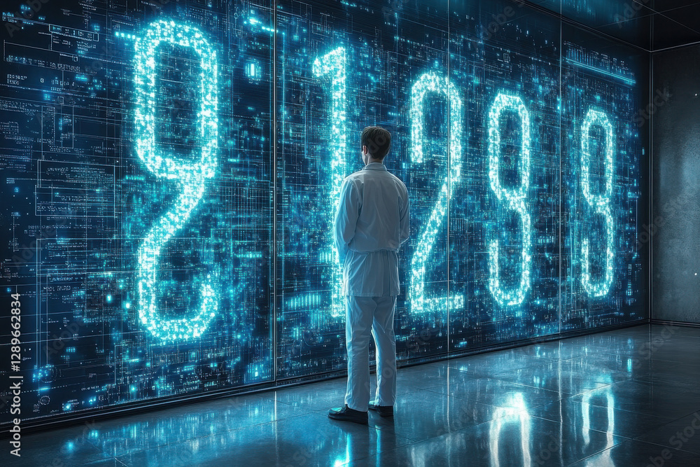 Poster a man stands in front of a large screen with numbers and symbols