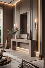 3D Illustration of Luxury Modern Foyer with Aesthetic Wall Treatment and Dark Ambiance. 5