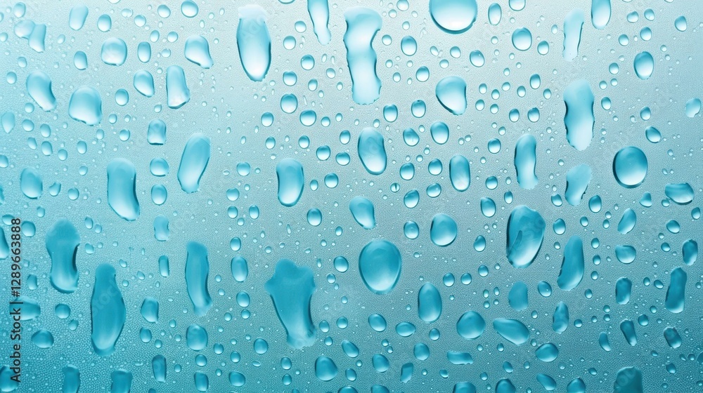 Poster abstract blue backdrop features clear raindrops, creating a stunning pattern on a smooth glass surfa