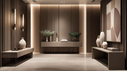 3D Illustration of Luxury Modern Foyer with Aesthetic Wall Treatment and Dark Ambiance. 13