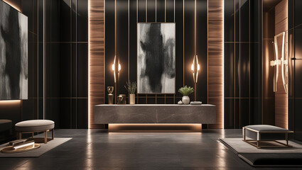 3D Illustration of Luxury Modern Foyer with Aesthetic Wall Treatment and Dark Ambiance. 16