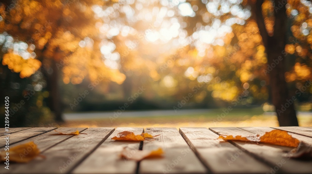 Poster A serene autumn background featuring a rustic wooden table and a softly blurred forest, perfect for product showcasing.