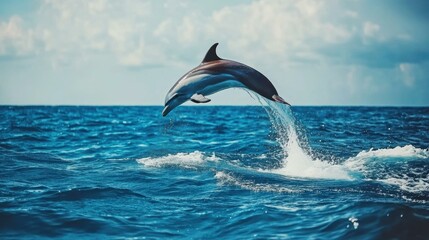 Fototapeta premium An elegant dolphin leaps gracefully from vibrant blue ocean waves, showcasing its sleek form under a clear sky.